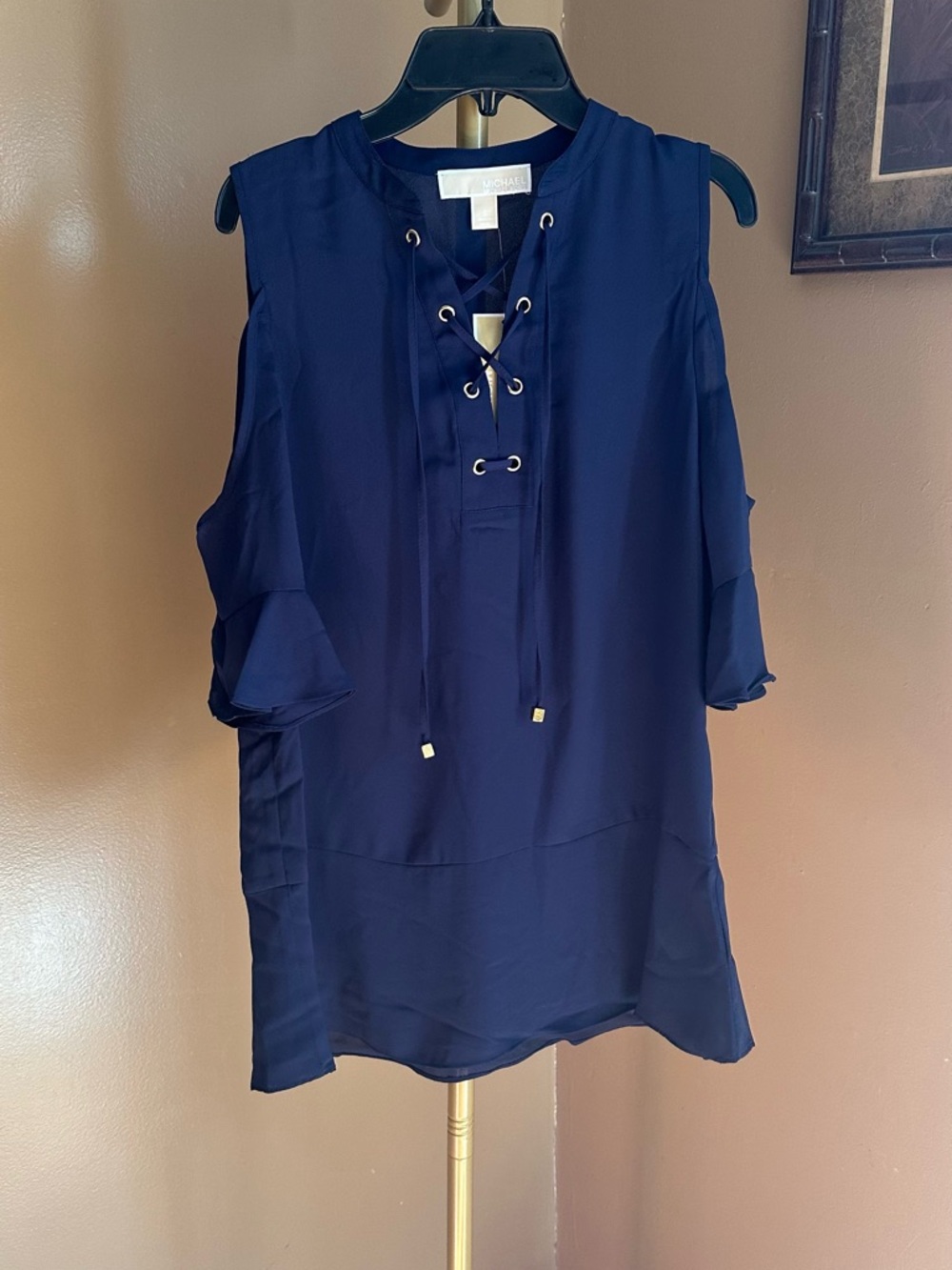 Michael Kors Navy Cold-Shoulder Lace-Up Blouse